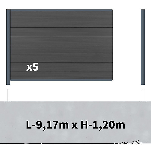 Kit Clôture Composite sur Muret CRUZ Ardoise 9x1,2m - Bois composite &Aluminium - Poteaux sur Platines Gris - Brise vue