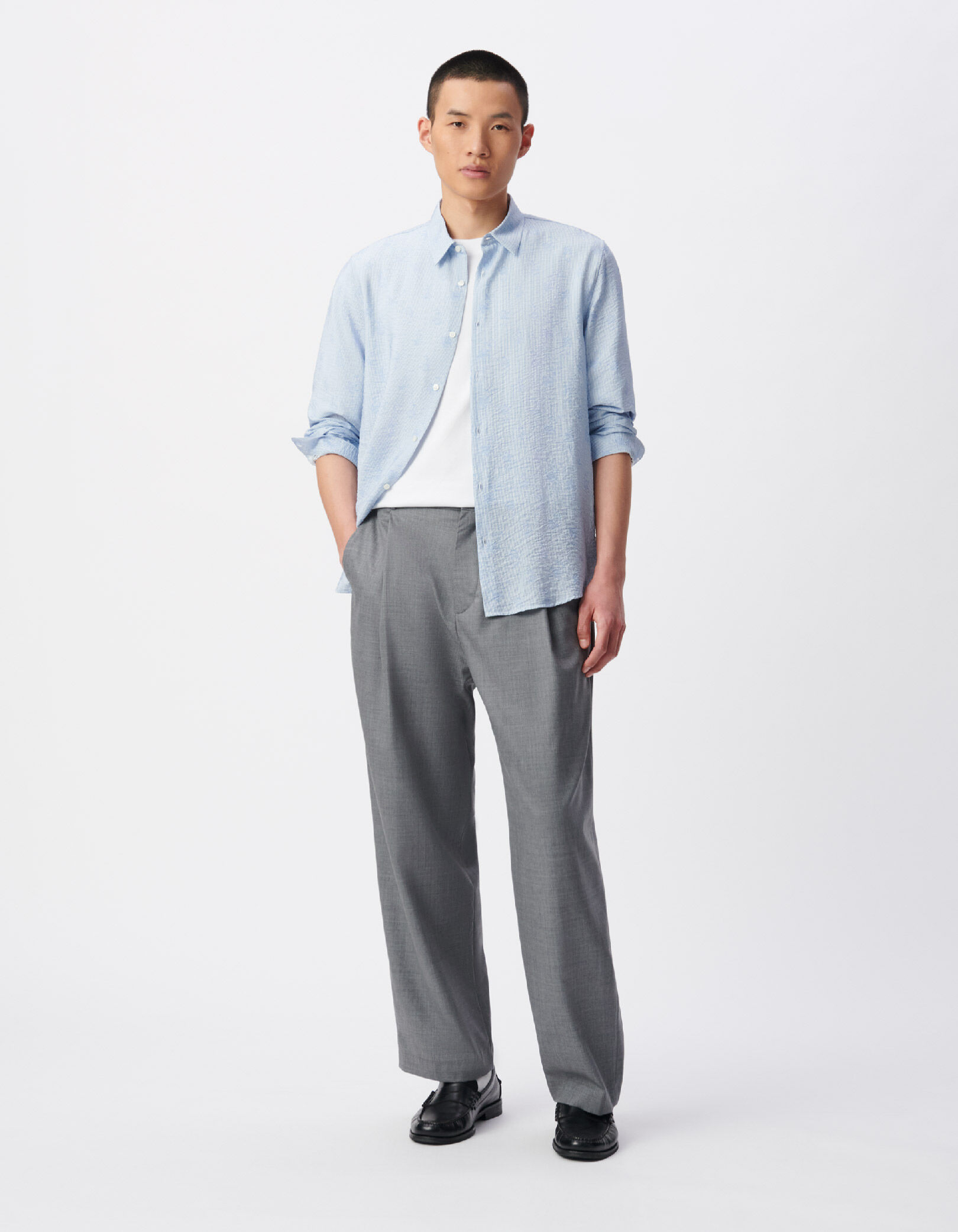 Chemise slim bleue imprimé fleurs sur rayures Homme