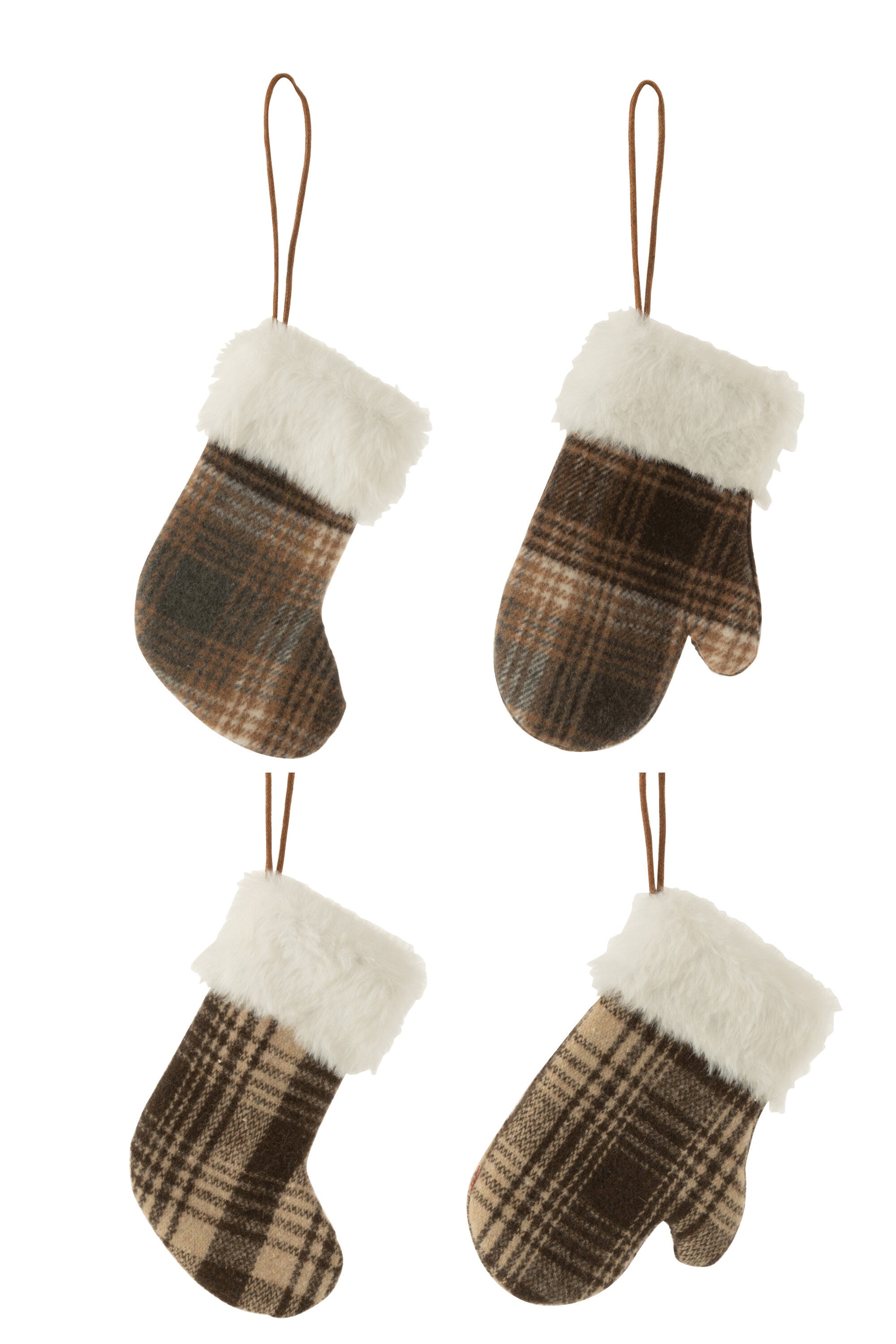 J-Line kersthanger Handschoen/Sok/Muts Geruit - textiel - bruin/beige - 4 st.