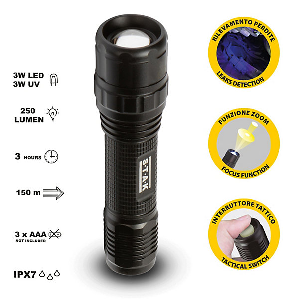HORATIO : Torche 3W LED   UV. Fonction zoom. En aluminium.