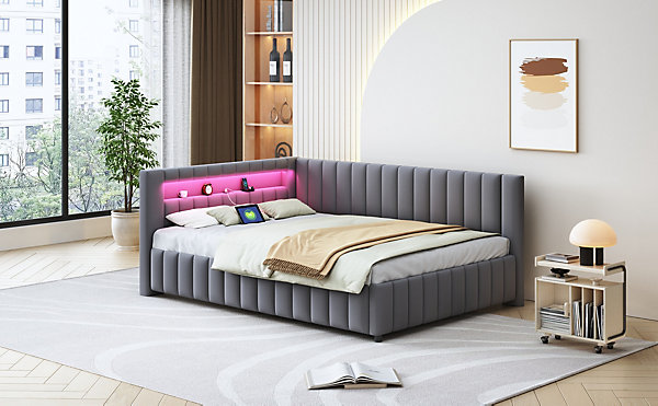 Canapé-lit 140x200 cm en L convertible, revêtement velours gris, bande LED changeante et port USB, cadre lattenrost robuste