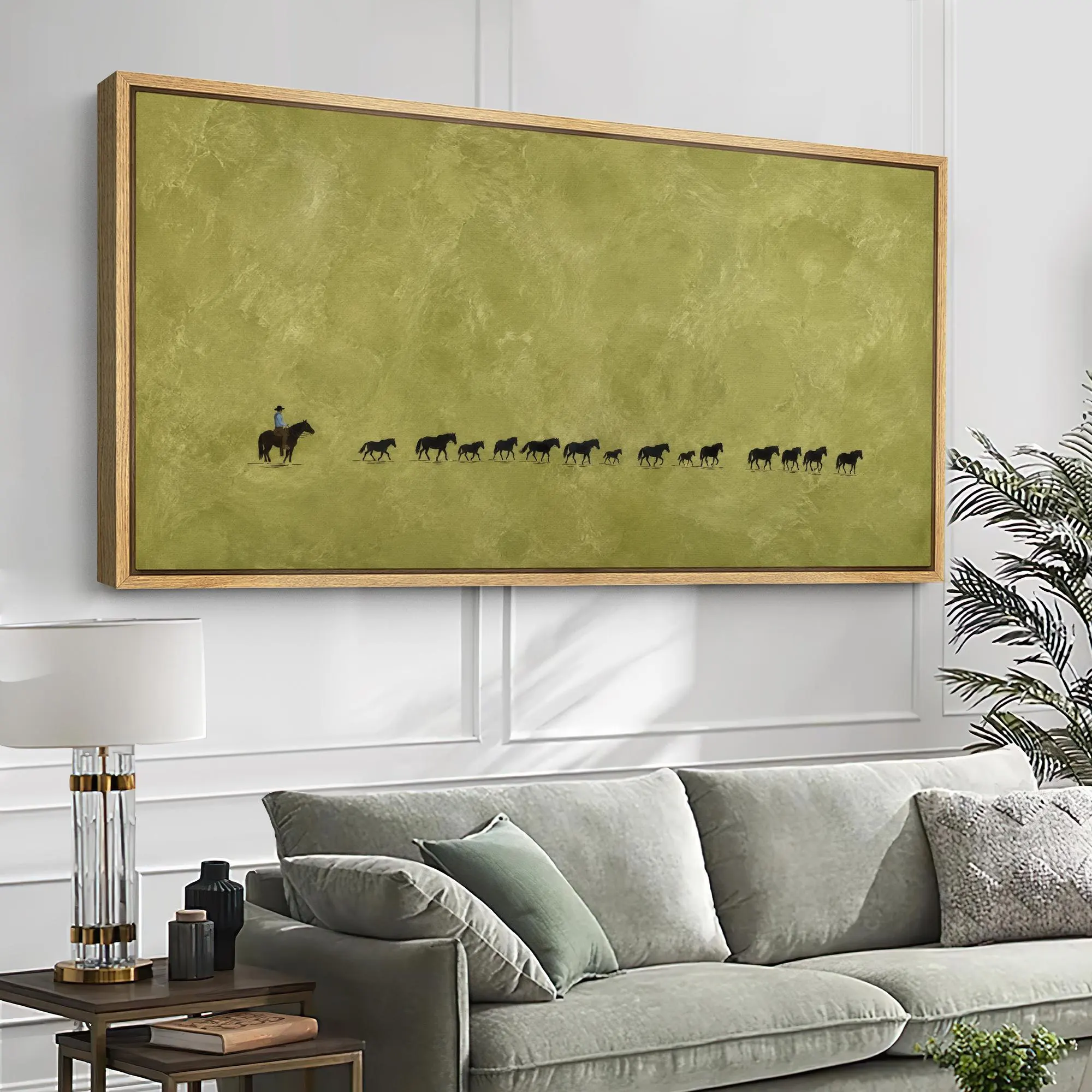Large Cowboy Cattle Drive Framed Wall Art, Olive Green Ranch Canvas Print, Minimal Western Artwork, Rustic Farmhouse Decor