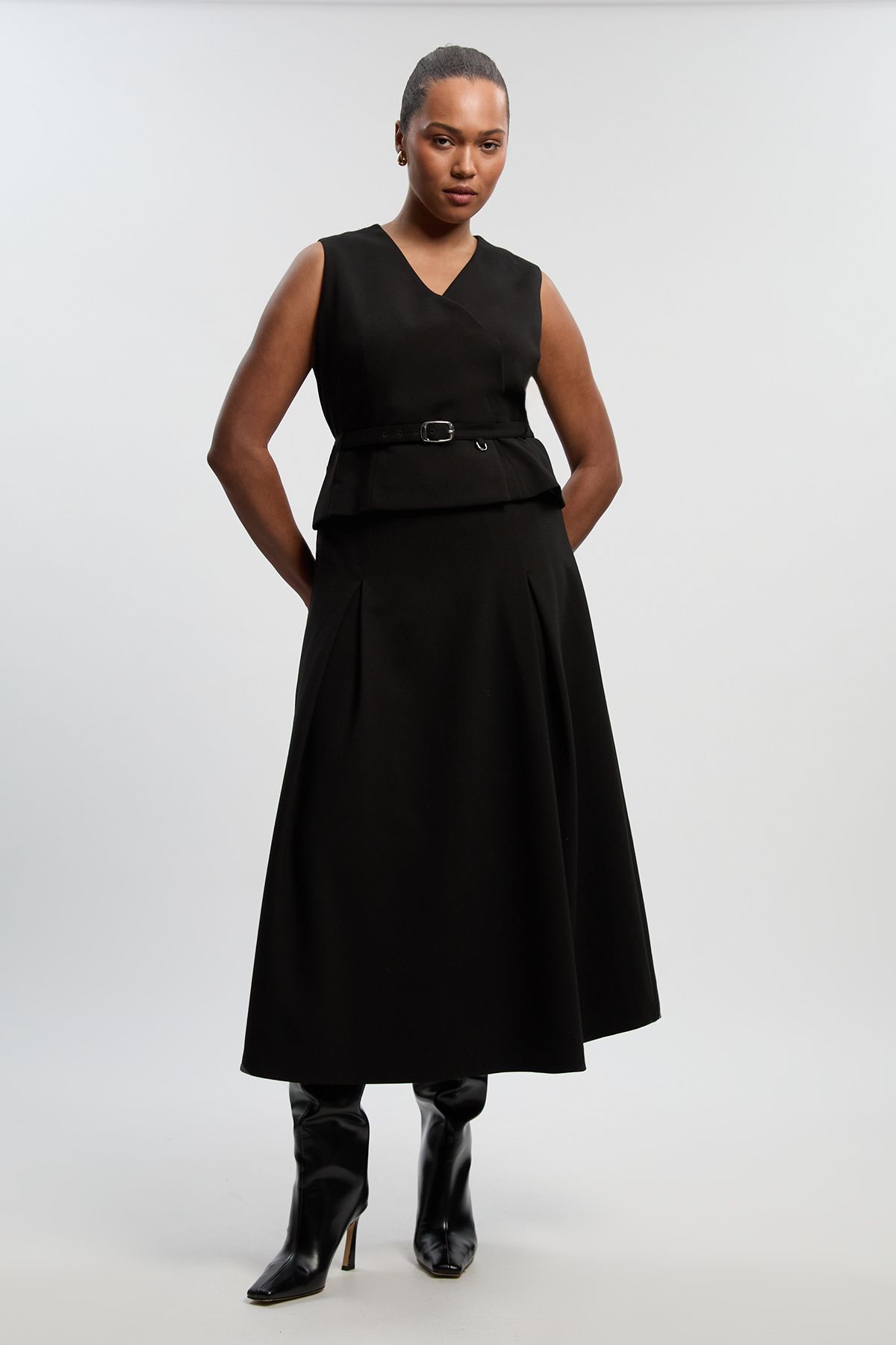 KarenMillen Plus Size Compact Essential Belted Tailored Full Midi Dress