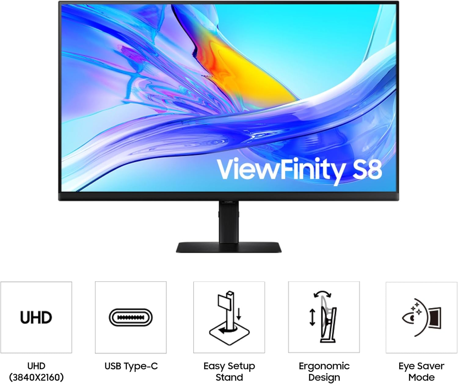 Samsung 32” ViewFinity S8 (S80UD) 4K UHD IPS HDR10 High Resolution Monitor  USB-C  Built-in Speakers  Ergonomic Stand  Built-in KVM Switch  Intelligent Eye Care  LS32D808UBNXGO  2025