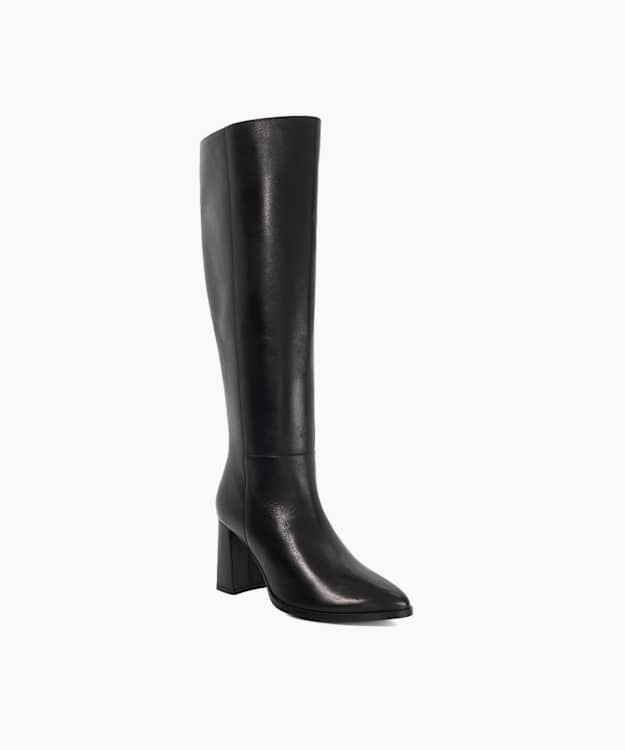 Salla Black - Block Heel Leather Knee High Boots