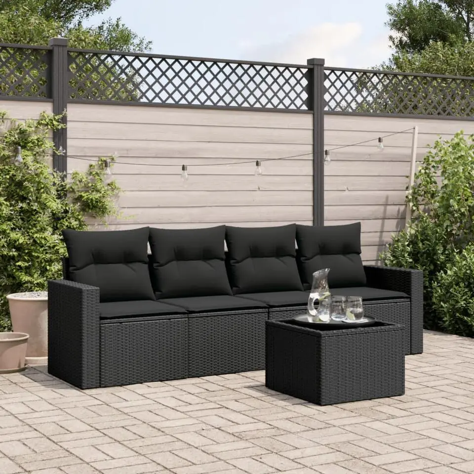 vidaXL - Loungeset - Zwart - Poly rattan - 5 stuks - Met kussens