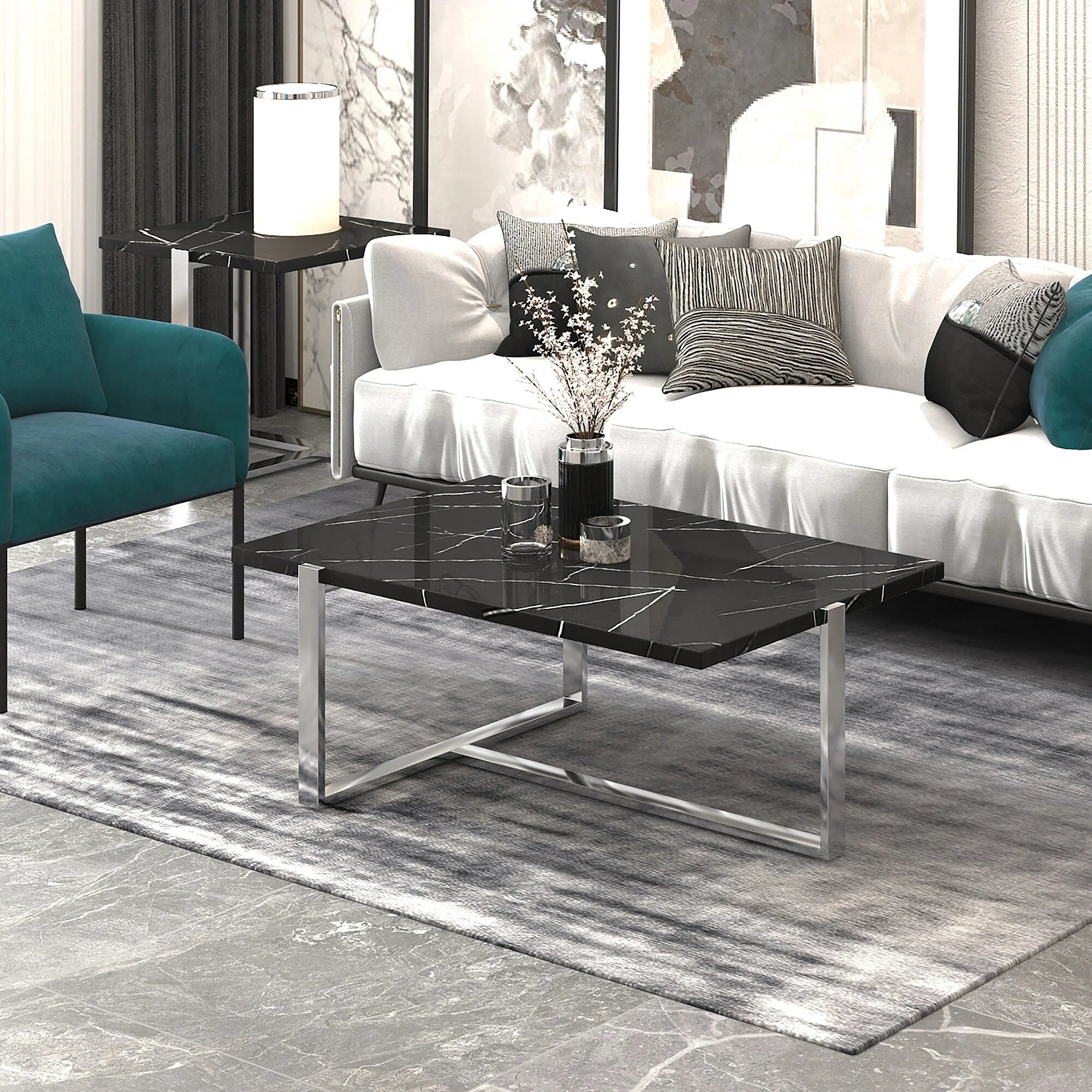 Granite and Paper Veneer and Metal Rectangular Coffee Table