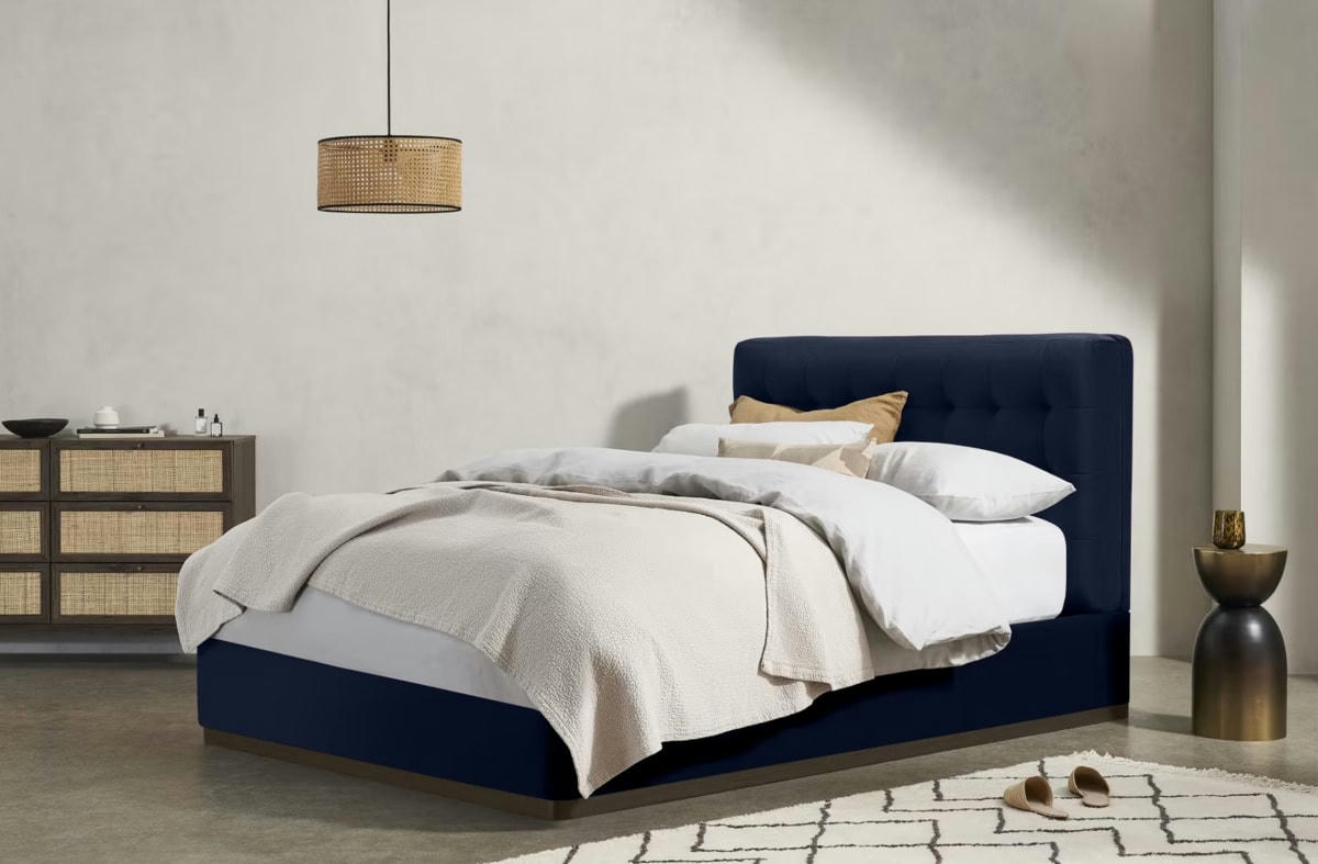 LAVELLE - Lit coffre bleu en tissu 180x200