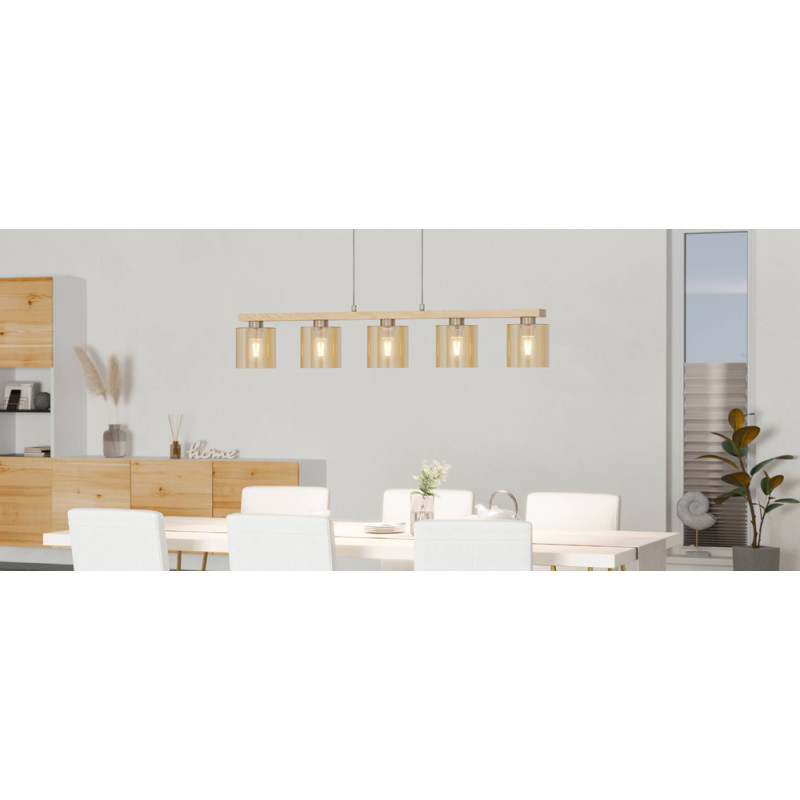 Suspension Castralvo nickel mat et bois clair E27 5 x 28 W EGLO