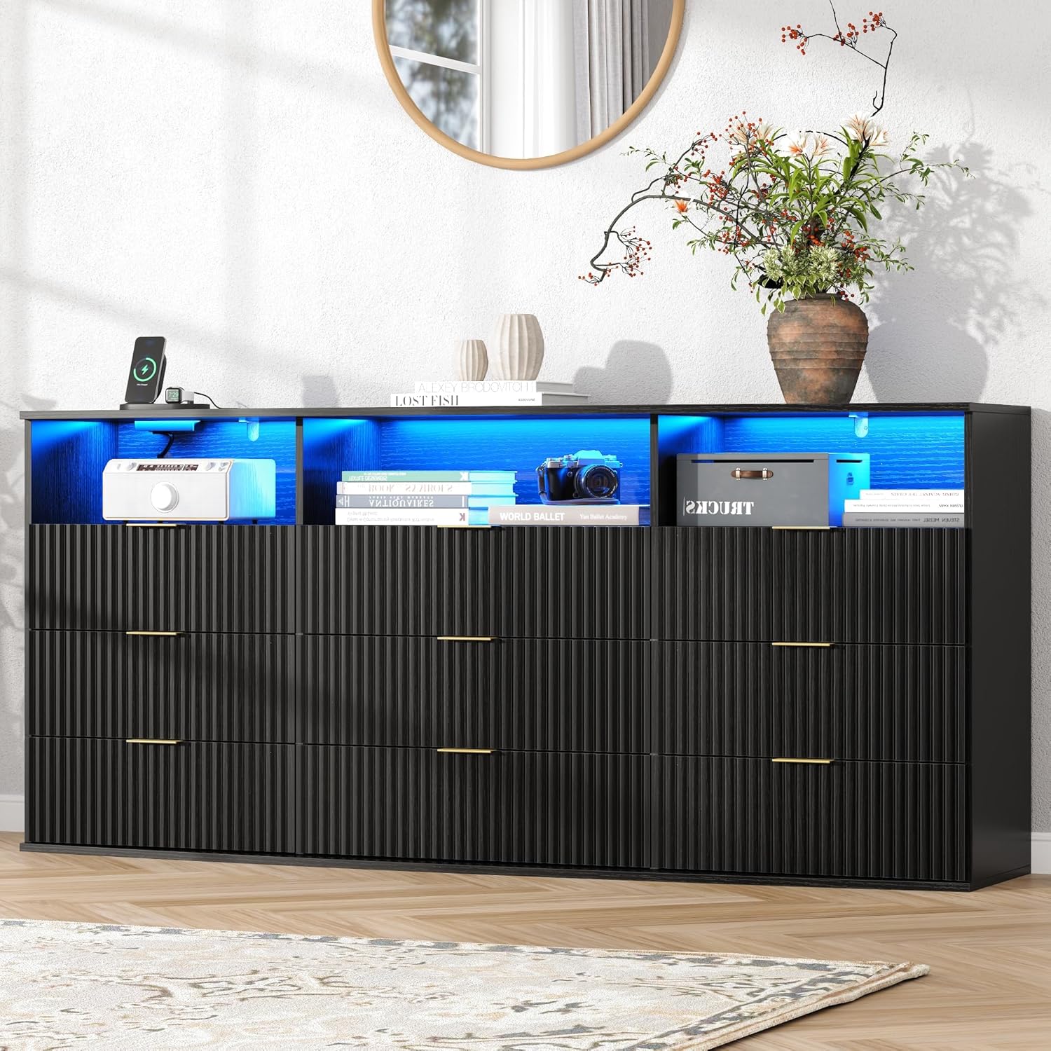 Fluted 9 Drawer Dresser with LED Lights, Modern Black Chest of Drawers with Power Outlet & Curved Top, Wood Dresser TV Stand, Black Double Dresser for Bedroom, Hallway, Living Room
