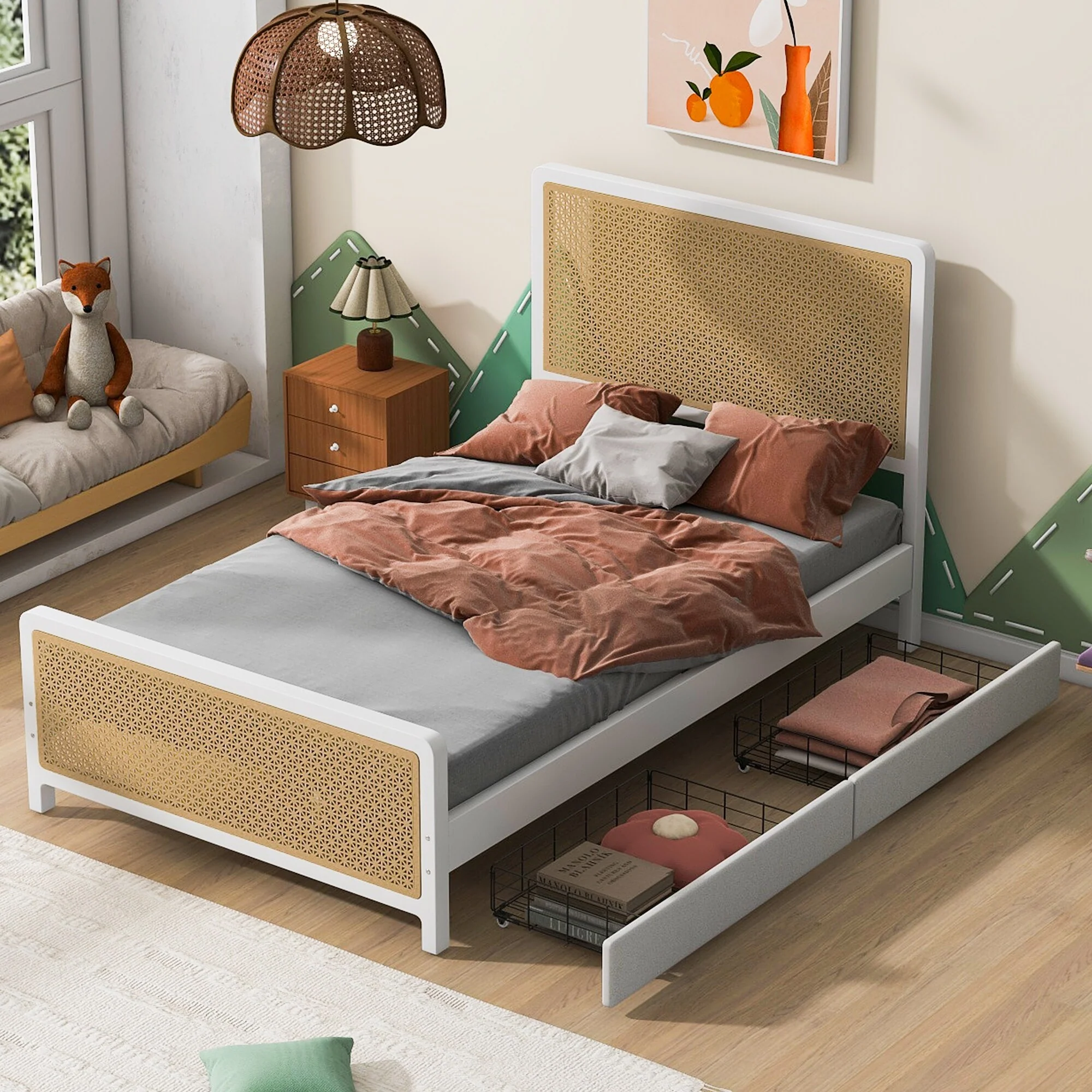 Elegant Full Size Metal Platform Bed with Storage Drawers, No Box Spring Needed