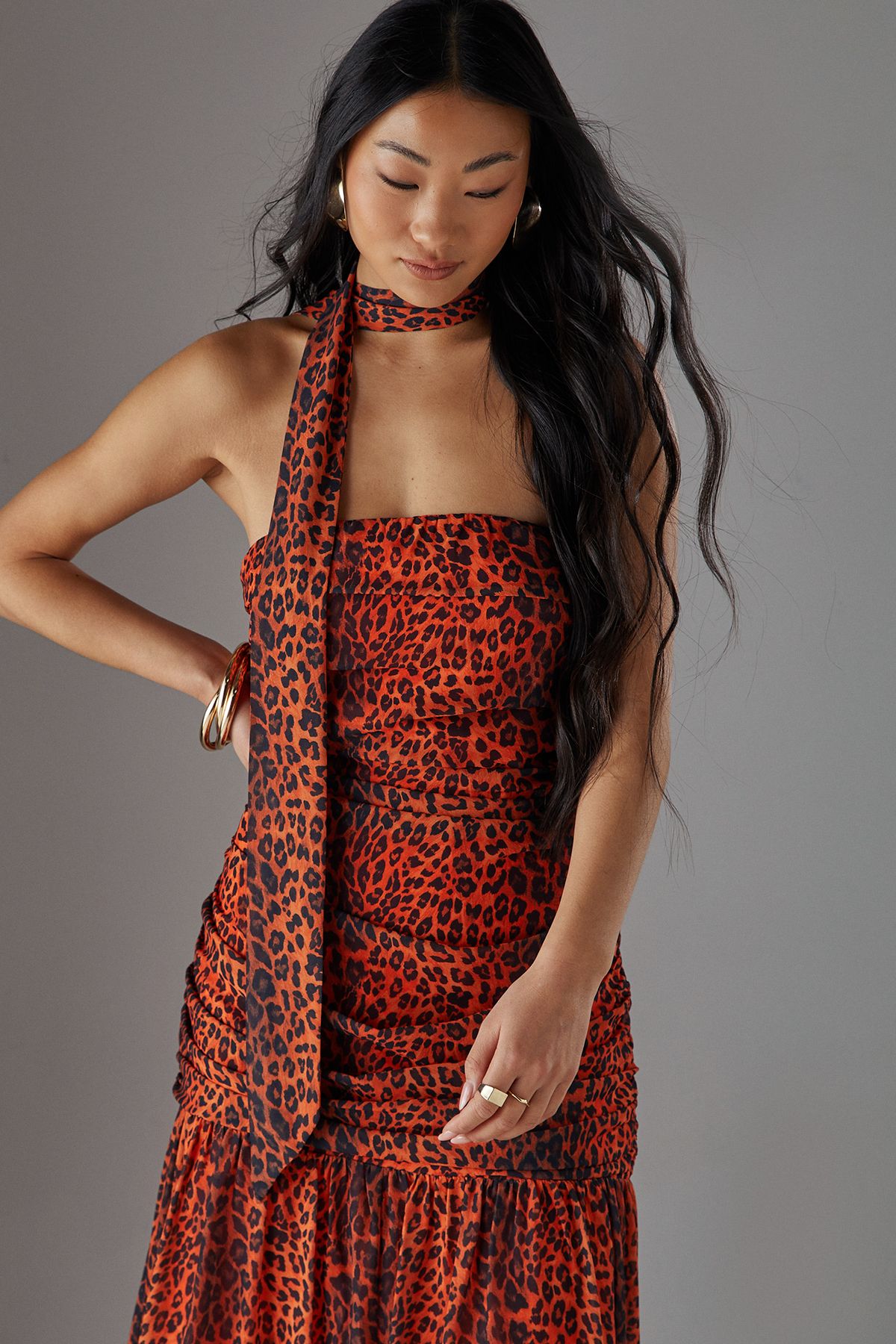 Warehouse Petite Chiffon Neck Tie Bandeau Ruched Maxi Dress