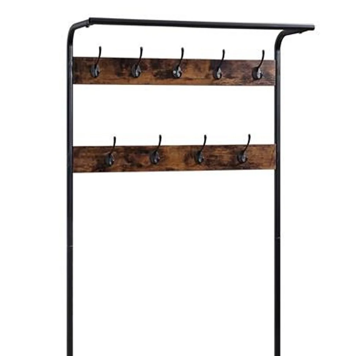 Hall Tree with 9 Hooks and 2 Metal Shelves, Brown and Black