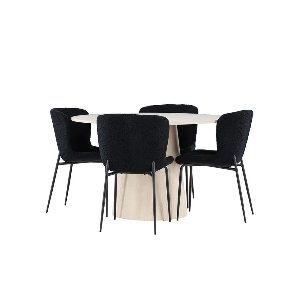 Hioshop Lanzo eethoek tafel &Oslash;120cm en 4 teddy stoelen whitewash