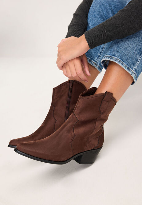 Womens Dark Brown Faux Suede Western Ankle Boots