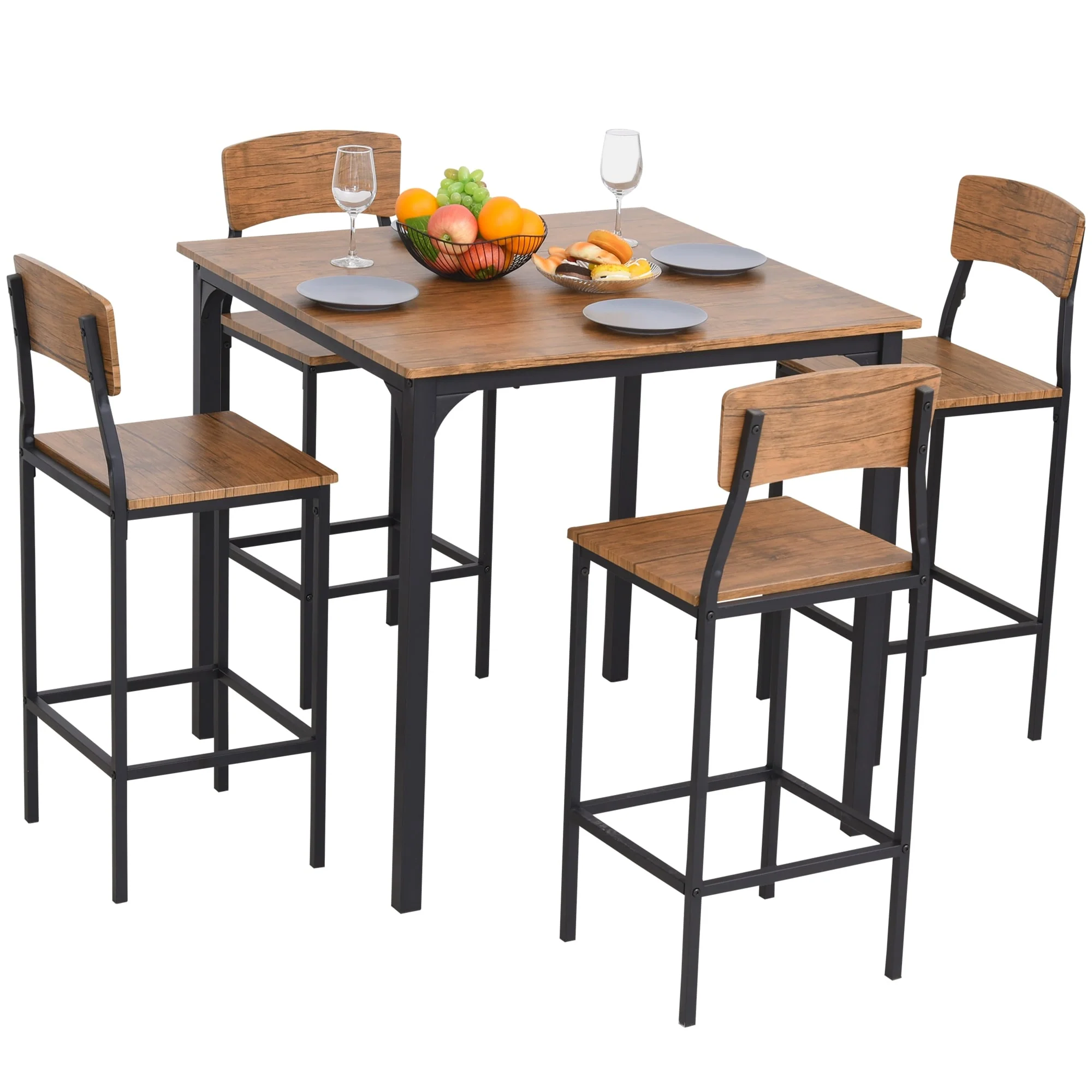 HOMCOM 5 PC Modern Counter Height Dining Set Compact Kitchen Table 4 Chairs Set with Footrest, Metal Legs, Wood