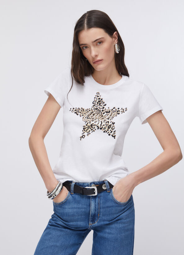 T-shirt con stampa e strass