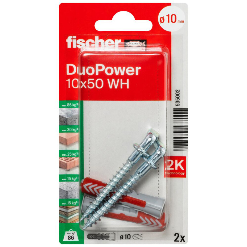Cheville DuoPower WH en nylon avec collerette et crochet droit Ø 10 x 50 mm 2 pièces