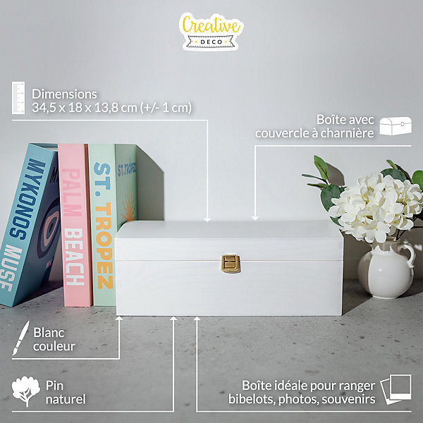 Creative Deco Coffre Boite Rangement en Bois Blanc 34,5 x 18 x 13,8 cm - Fermoir et Couvercle Courbé - Caisse pour Jouet, Outils