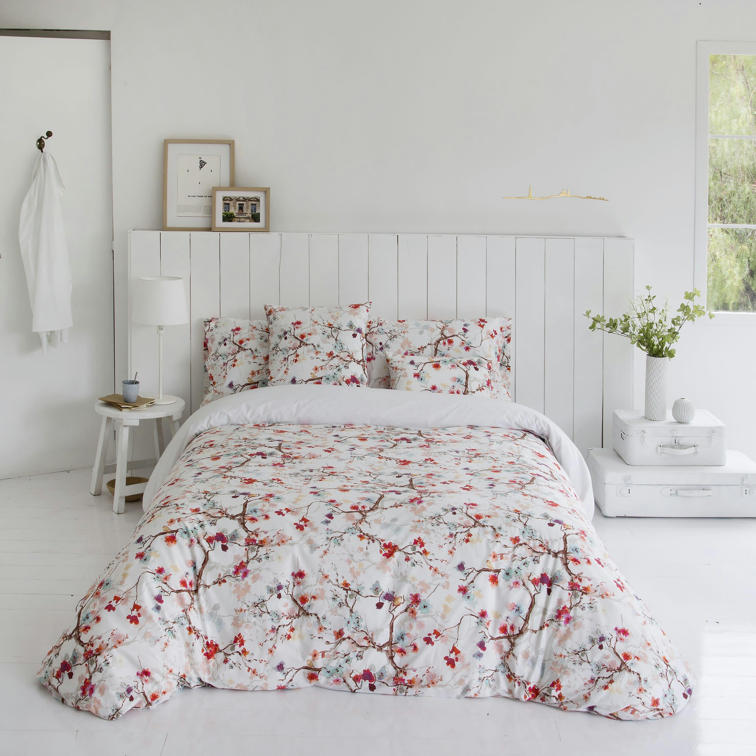 DANHA - Housse de couette imprimé floral en percale Coton Rouge 200x200 cm