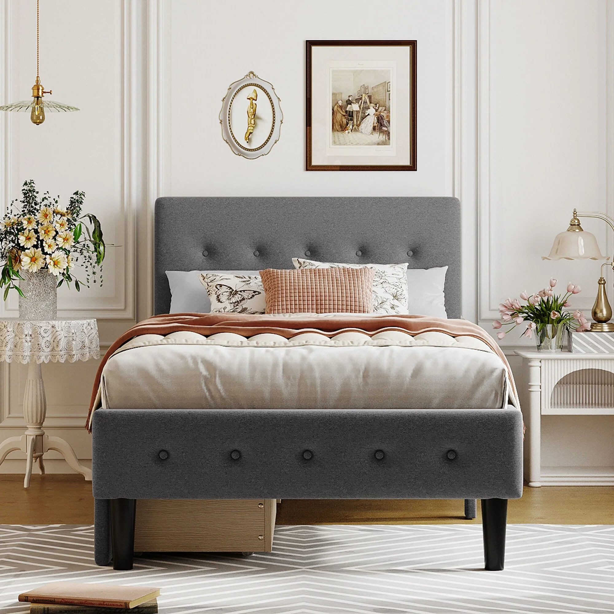 Upholstered Twin Platform Bed with Storage Drawers and Button Tufted Headboard