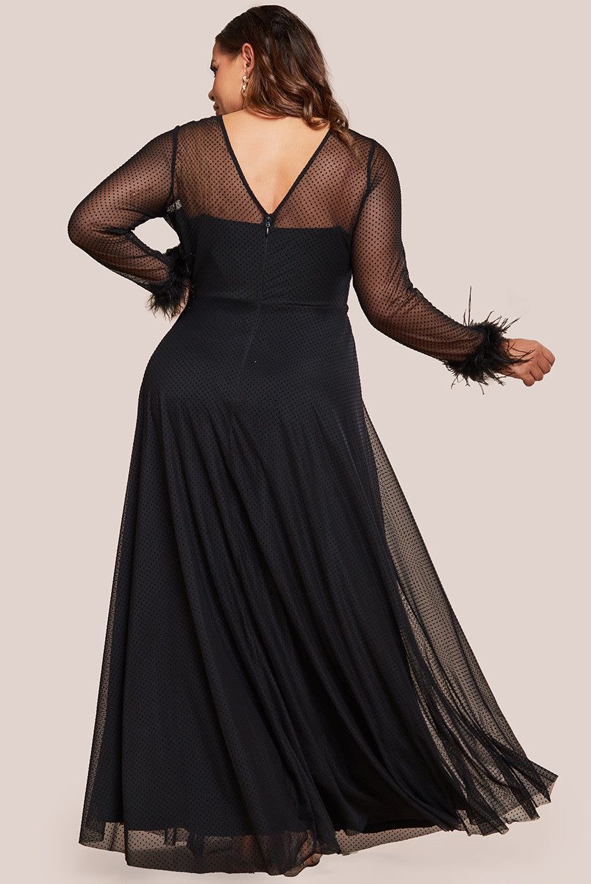 Goddiva Dobby Mesh Feather Sleeve Hem Maxi Dress