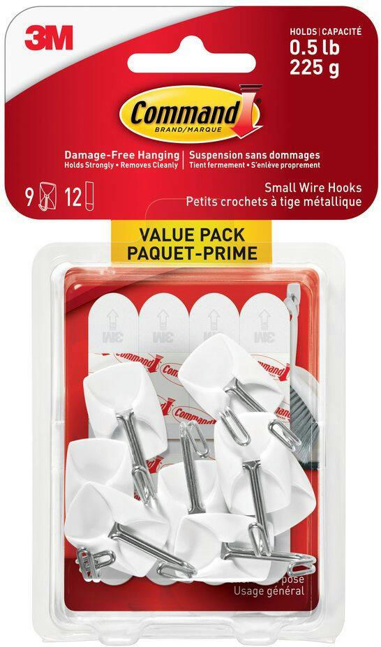 Command Small Wire Hooks Value Pack with Adhesive Strips, White, 0.5-lbs, 9 Strips per Pack