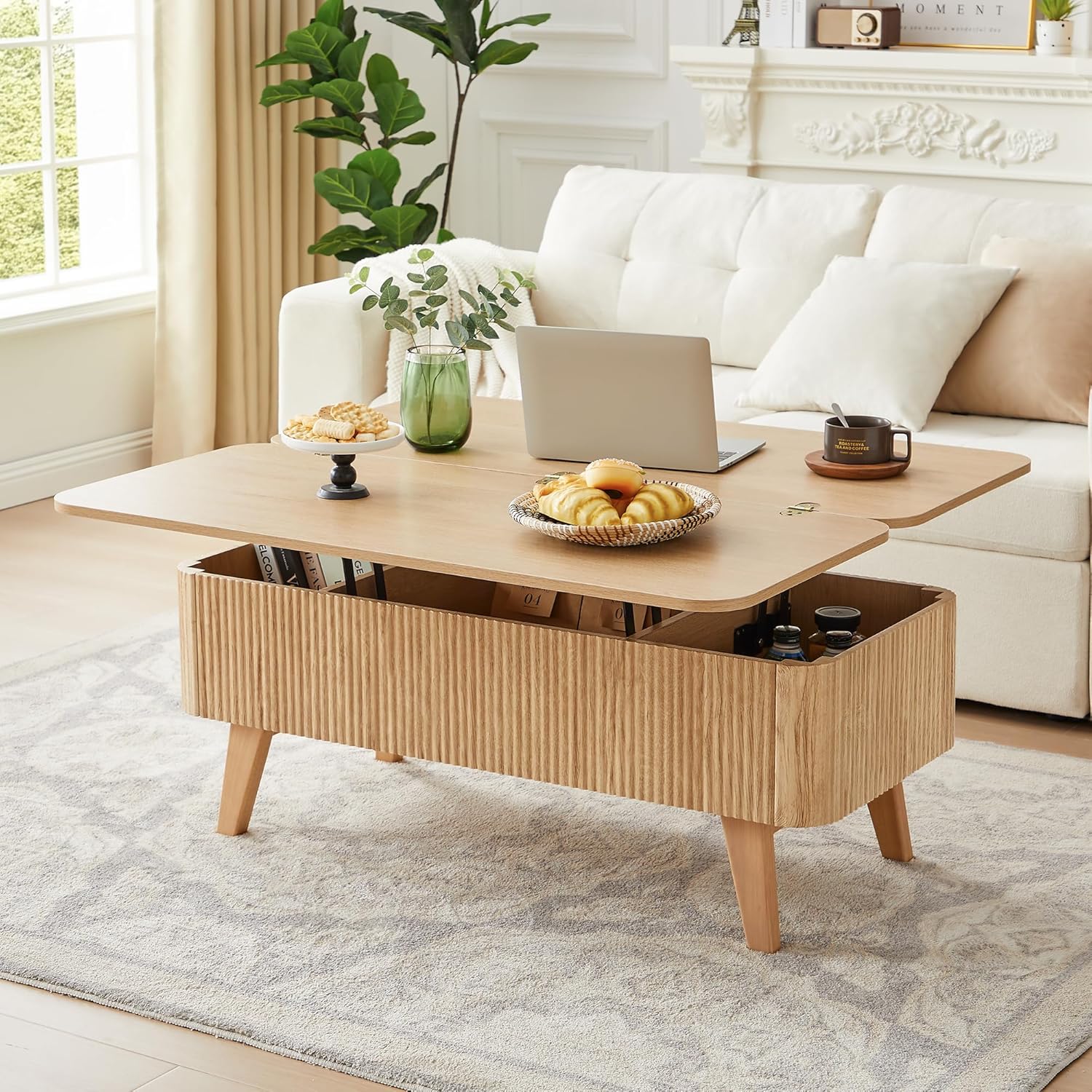 3 in 1 Lift Top Coffee Table, Fluted Convertible Coffee Tables Converts to Dining Tables, Modern Oval Wooden Center Table with Storage for Living Room Office Small Space, Partial Assembly (Natural)