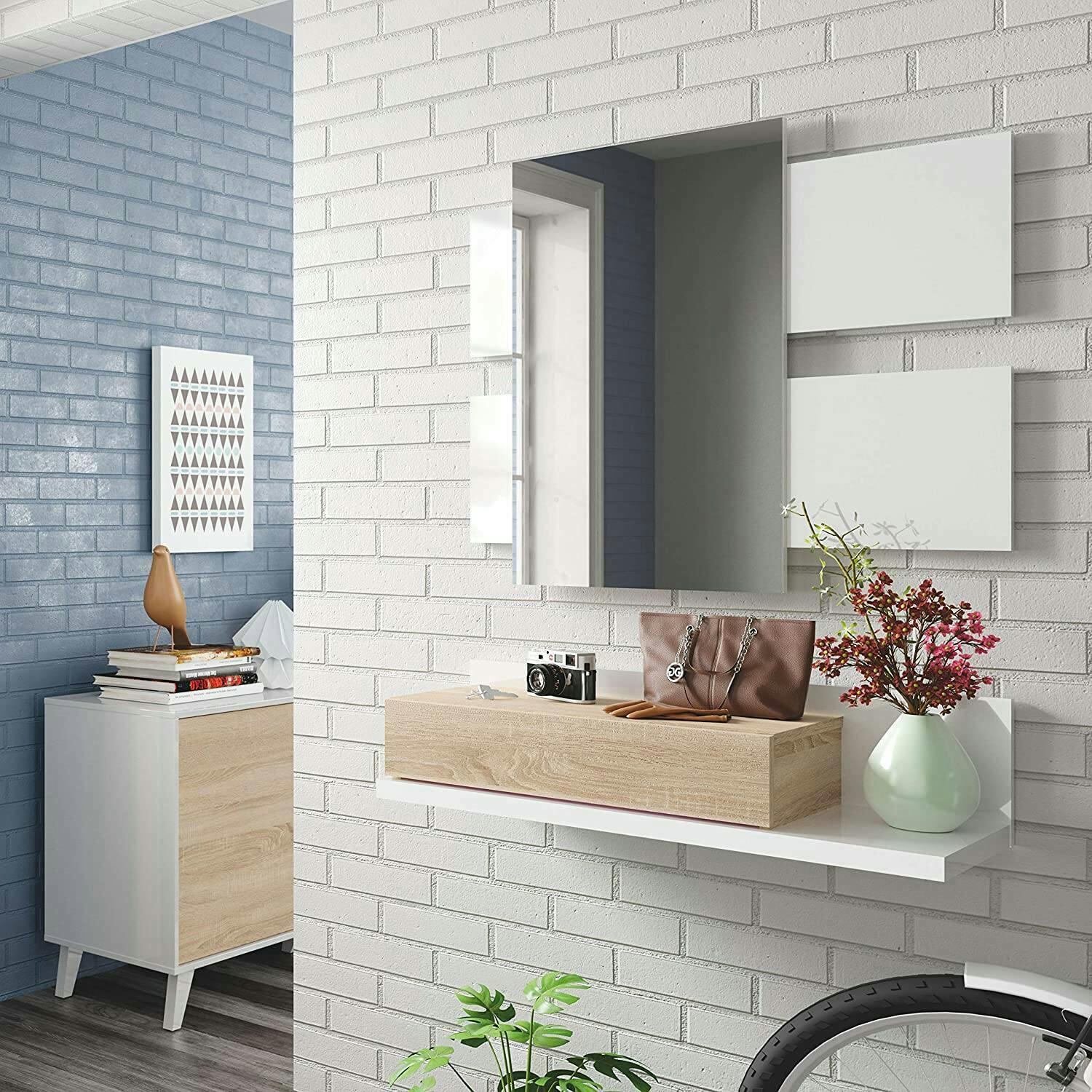 DCORI - Meuble d'entrée avec miroir blanc brillant et effet bois noyer