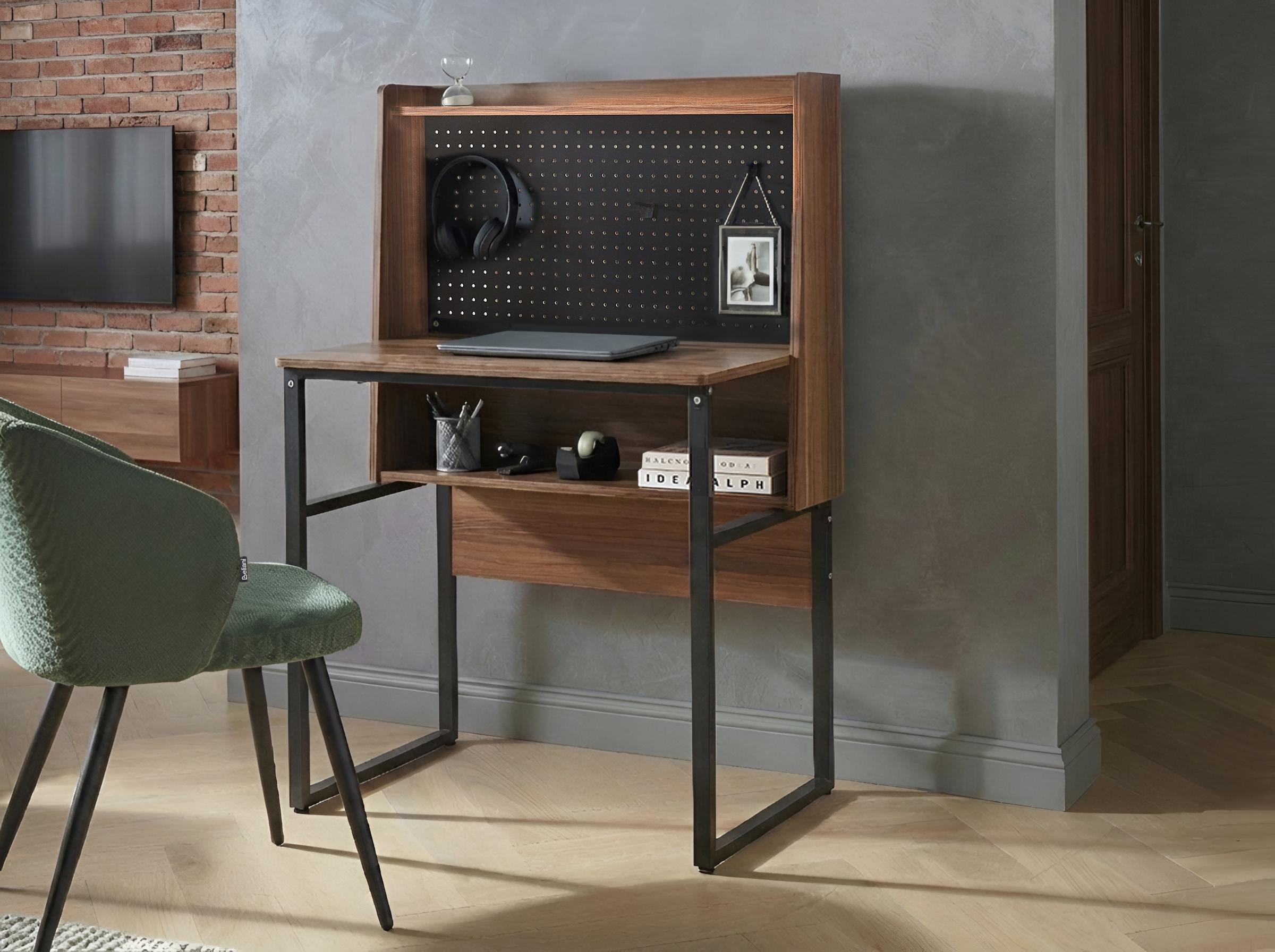 Home Office Desk with Pegboard BUXTON Dark Brown 84 cm 48 cm