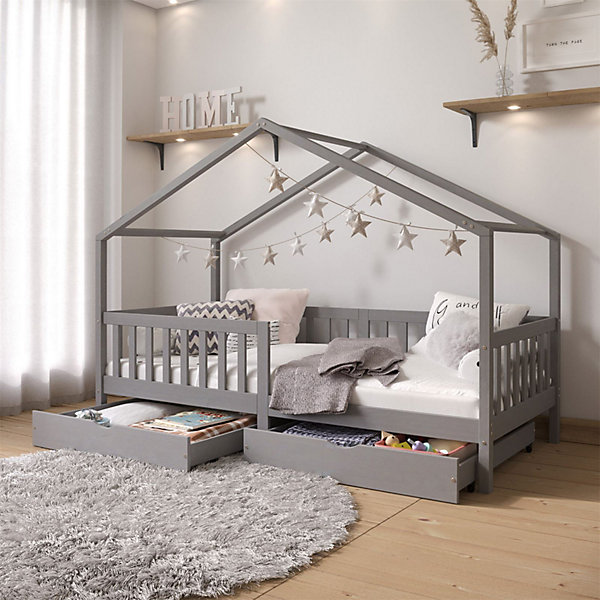 Lit cabane ELEA avec tiroirs, 90 x 200 cm en pin massif lasuré gris