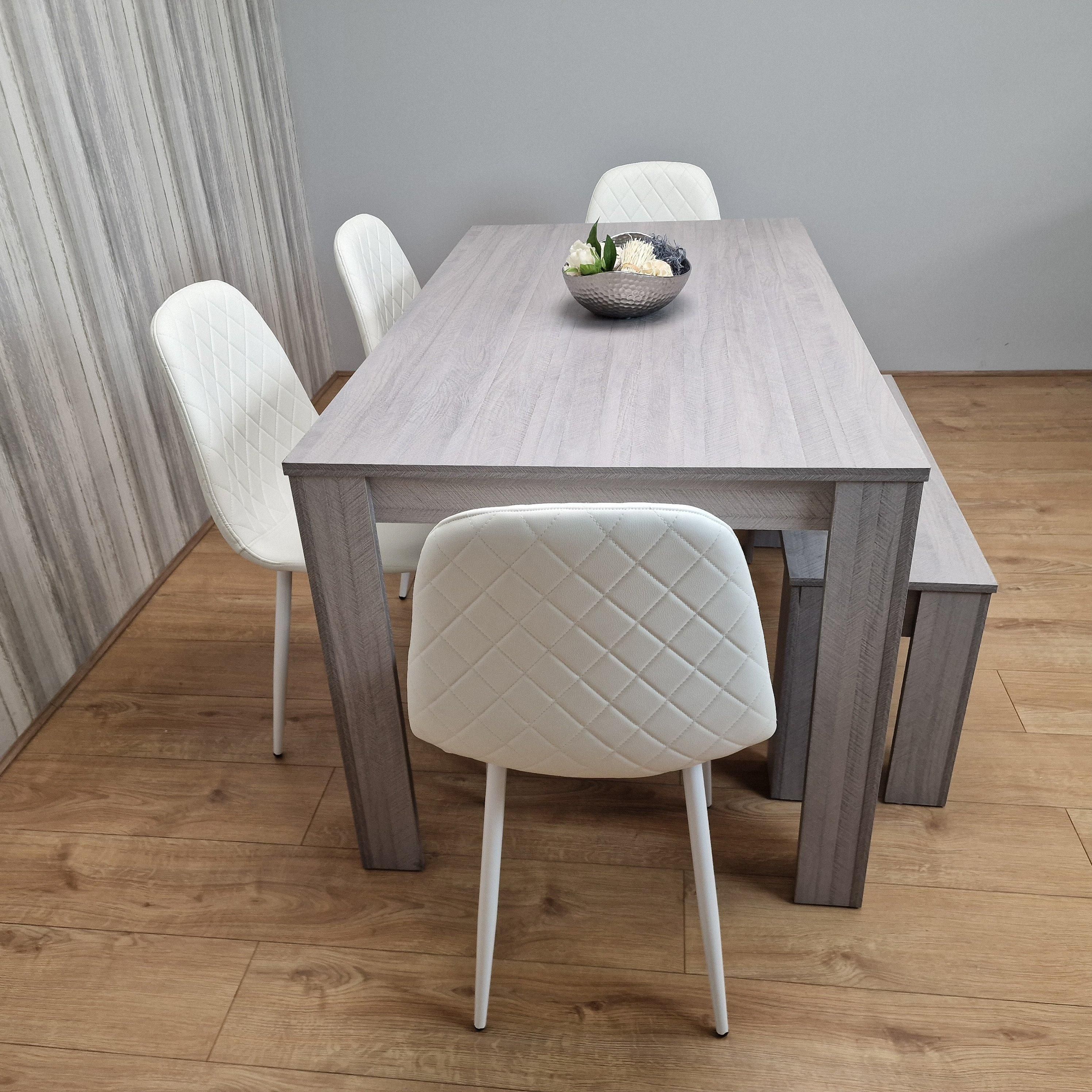 KOSY KOALA Grey Dining Table with 4 Diamond Stitched White Chairs and 1 Bench