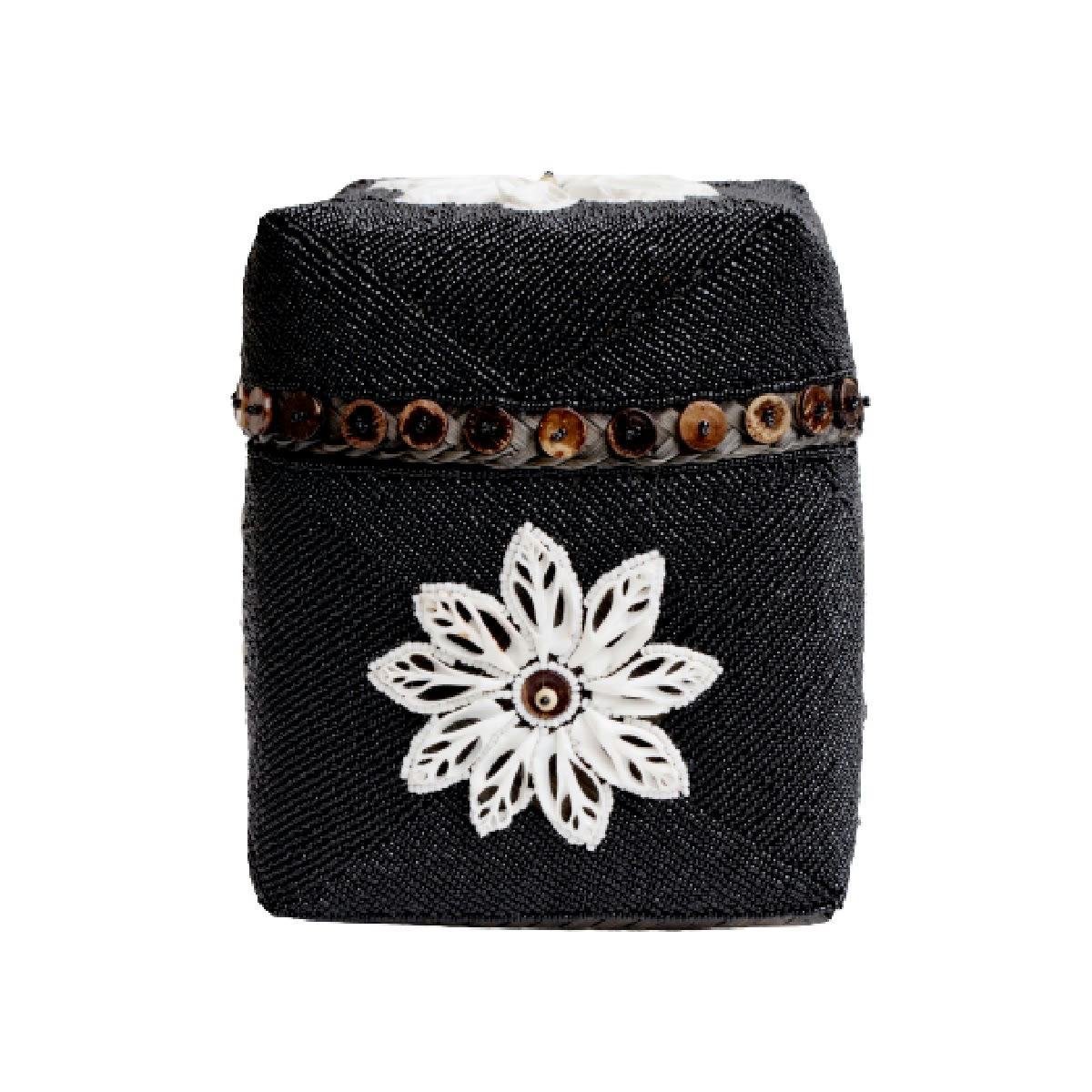 PERLA - Boîte en bambou, perles et gros coquillages, noir 22 x 25 cm