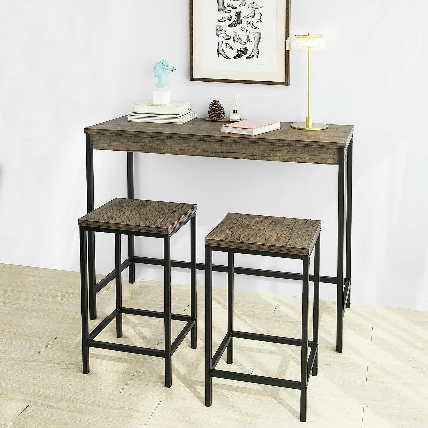 - Ensemble table de bar + 2 Tabourets effet bois et métal noir