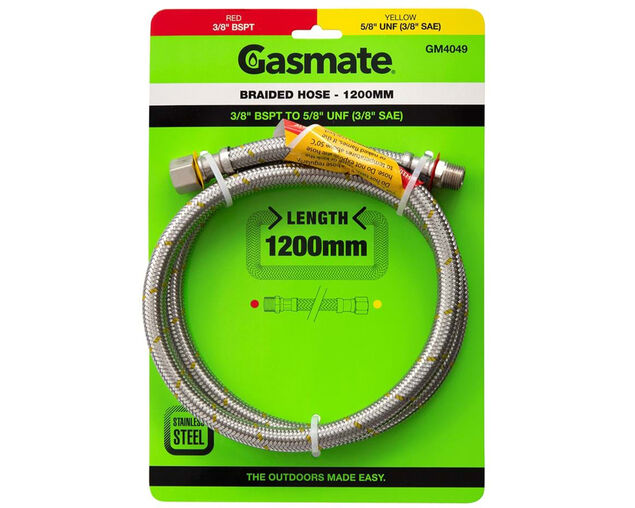 Gasmate Braided Hose -1200mm (3/8" BSPT TO 5/8" UNF (3/8" SAE))