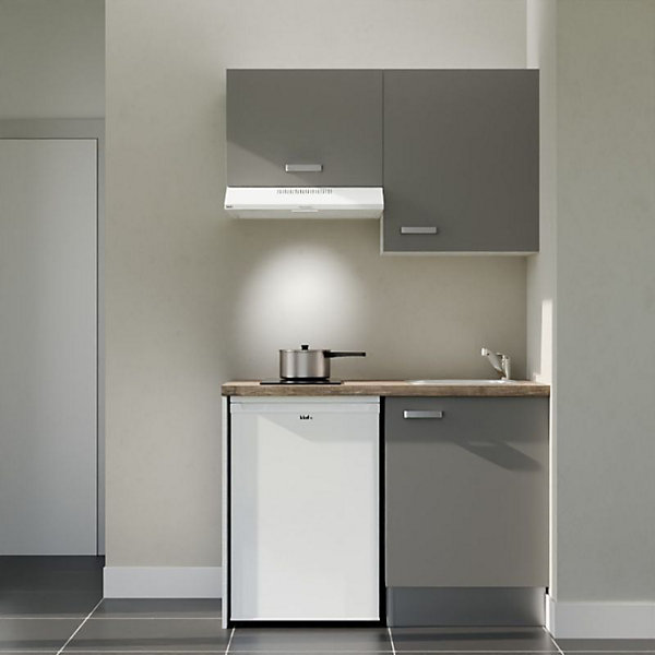 Kitchenette K01 façades Gris - Plan de travail Bois - Crédences : Non - Evier inox - Electroménager Blanc inclus