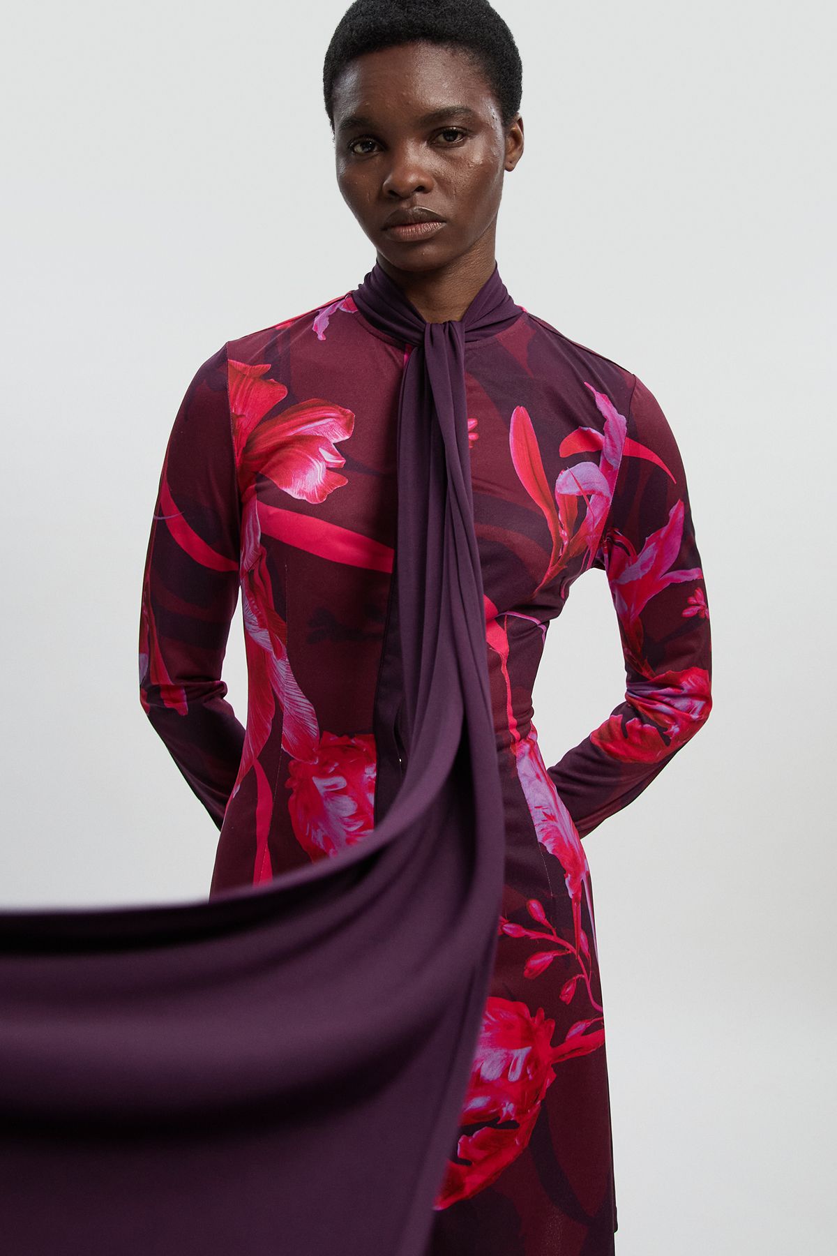 KarenMillen Floral Print Crepe Tie Neck Long Sleeve Mini Dress