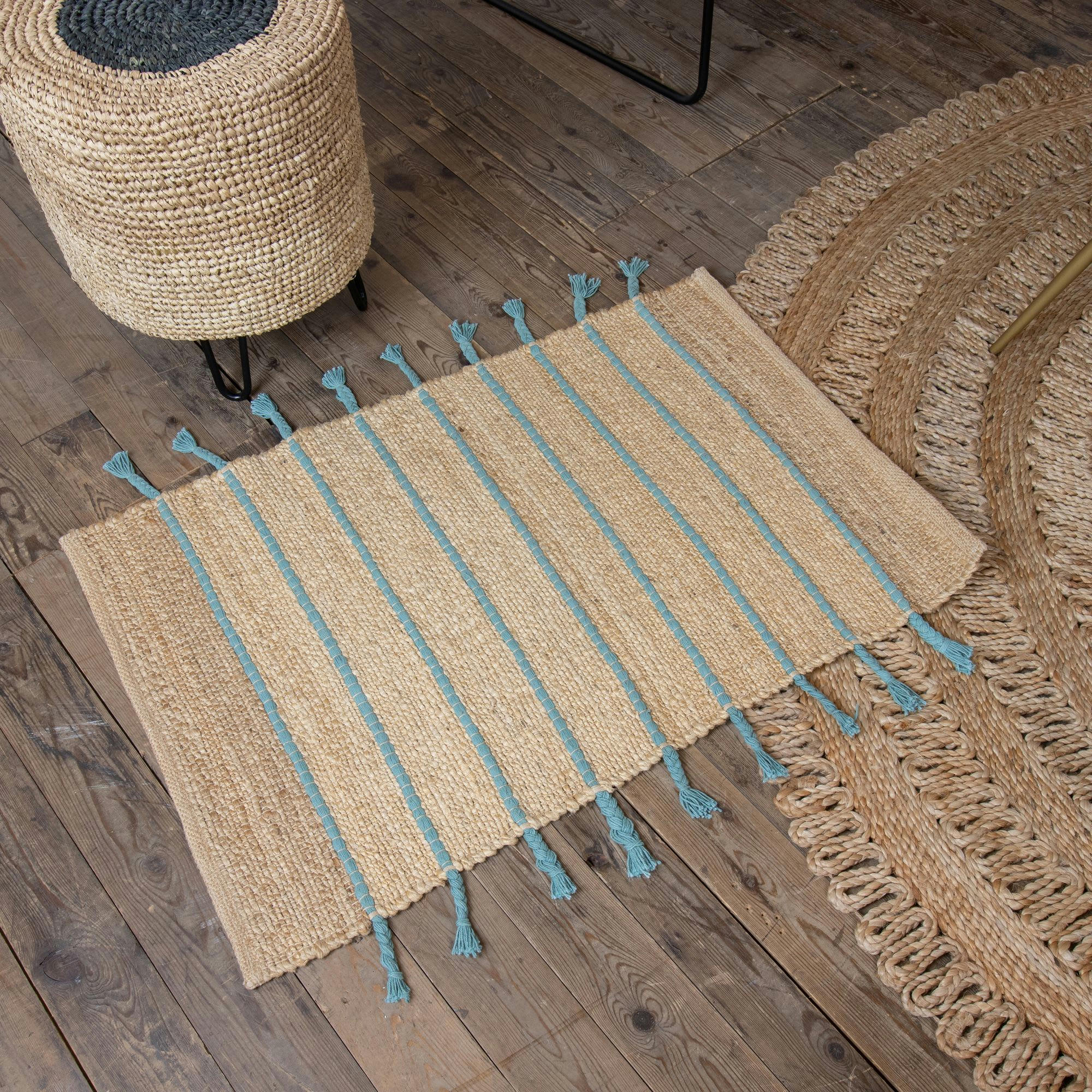 DIDIM - Tapis en jute et coton turquoise 60x80cm