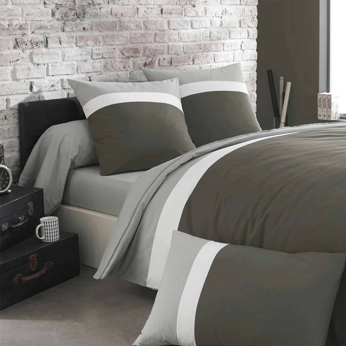 MÉLI MÉLO - Taie d'oreiller bicolore en coton gris 50x70