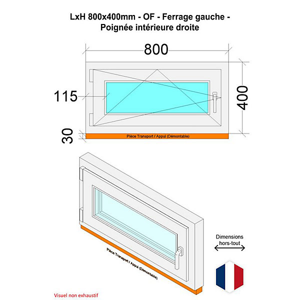 Fenêtre PVC - LxH 800x400 mm -Triple Vitrage - Blanc -poignée à droite