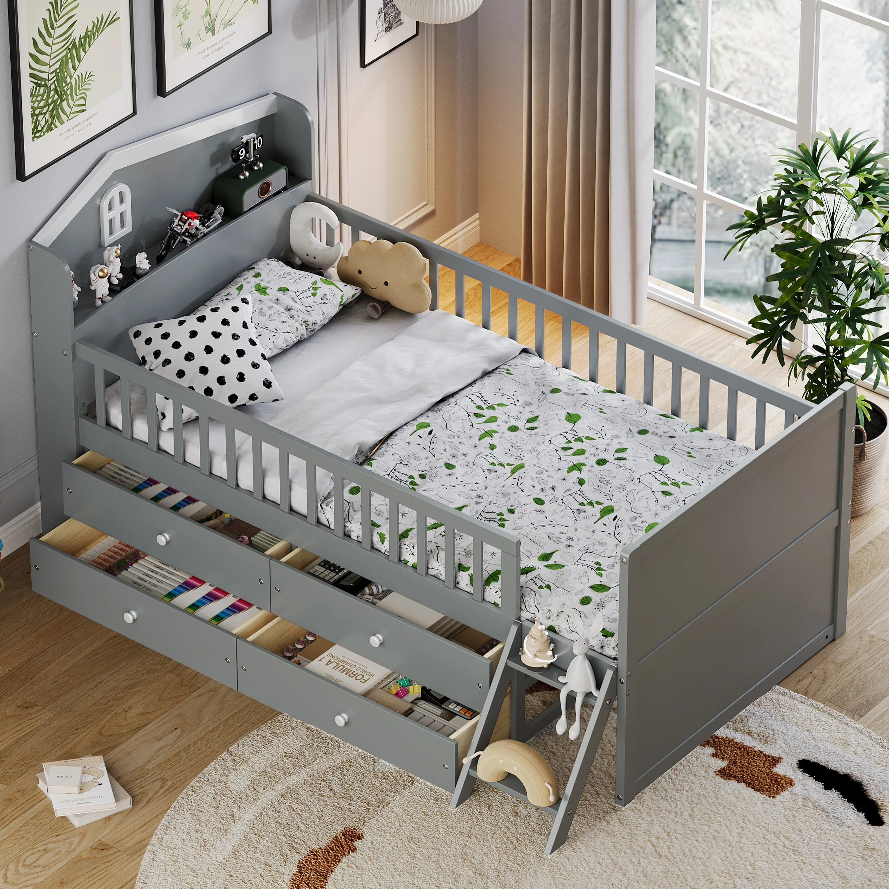 Twin Bed Frame with 4 Storage Drawers, Guardrail, Headboard, Ladder, and No Box Spring Needed,Gray
