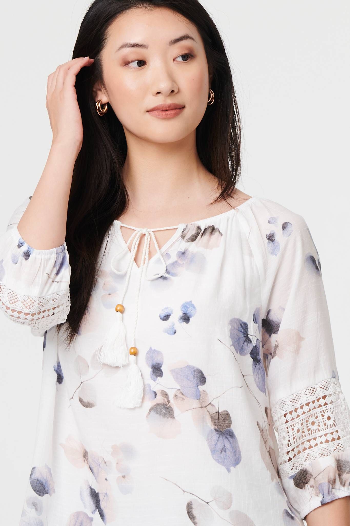 Izabel London Printed Lace Trim Tie Neck Bardot Blouse