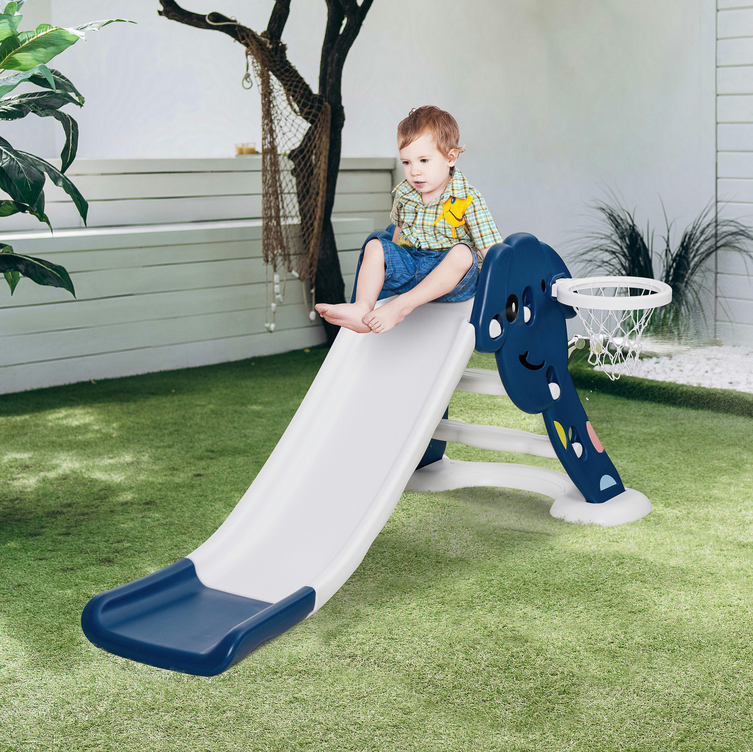 - Toboggan enfant panier basket balle pompe incluses bleu blanc