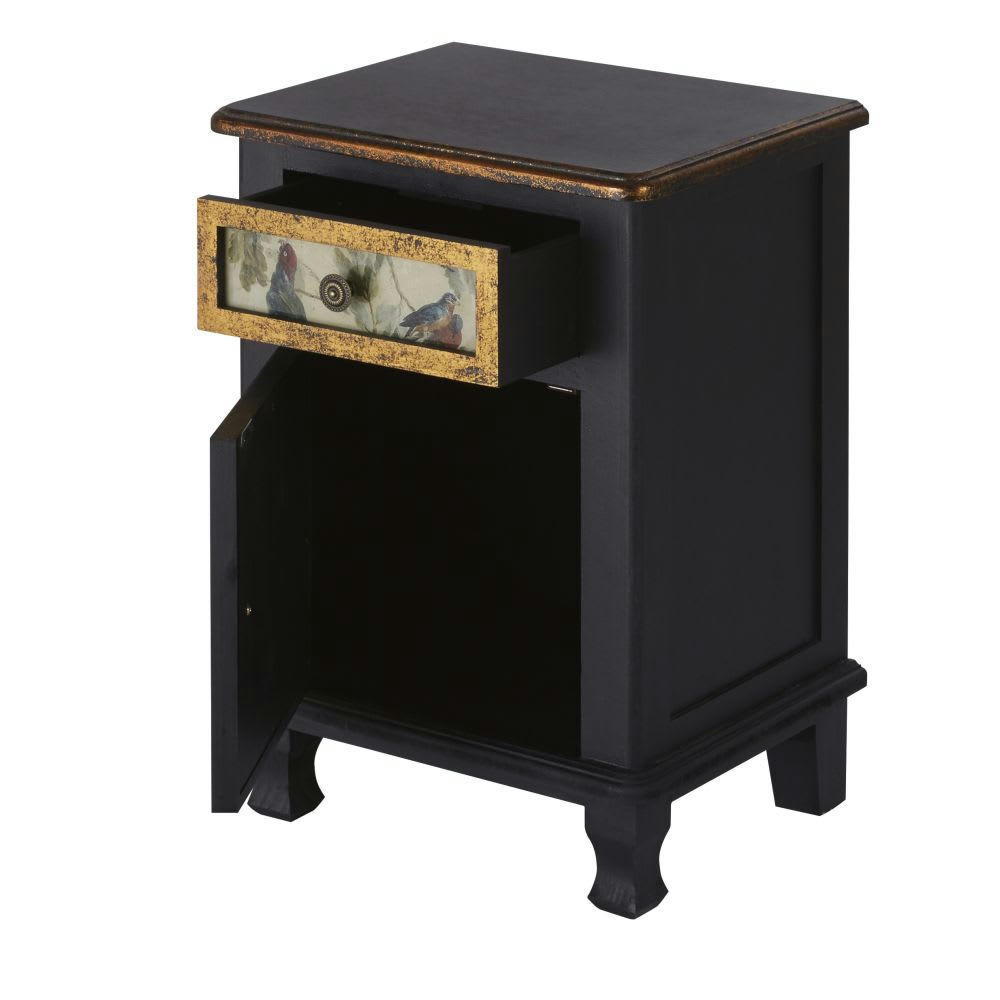 Perroquet - Table de chevet 1 porte 1 tiroir noire et dorée à motifs