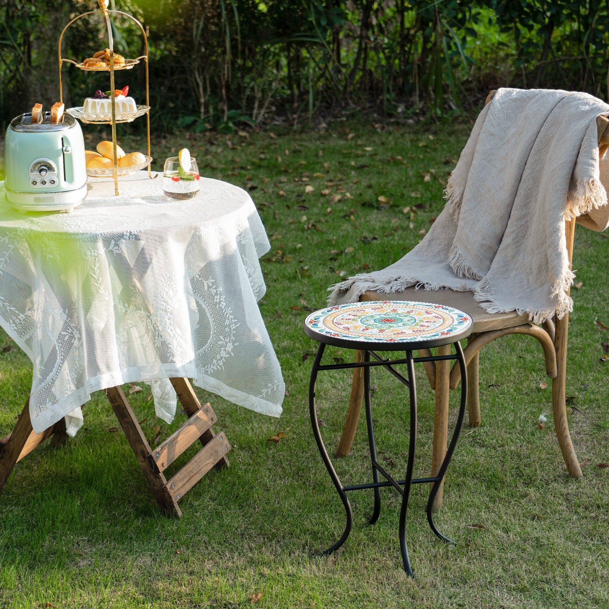 Outdoor Patio Side Table Round Ceramic Tile End Table