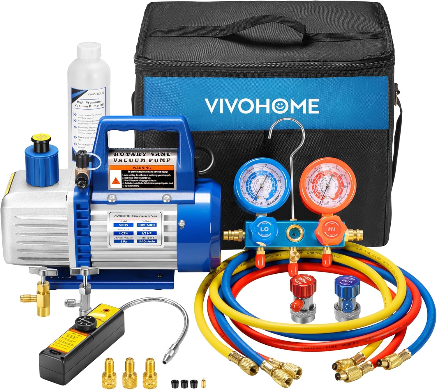4 CFM 1/3 HP Single Stage HVAC Vacuum Pump  R134a Manifold Gauge Kit(Blue)