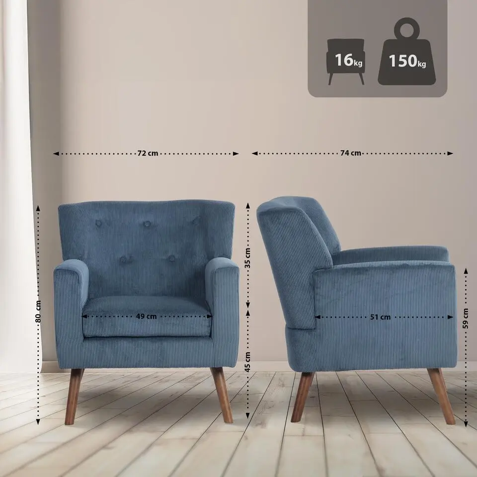 CLP Fauteuil Kioni bruin Frame - Ribstof - blauw