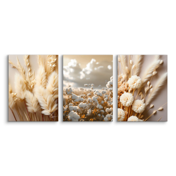 3x Obraz Set Kwiaty Bawełna Trawy Natura W Stylu Boho 30x40cm