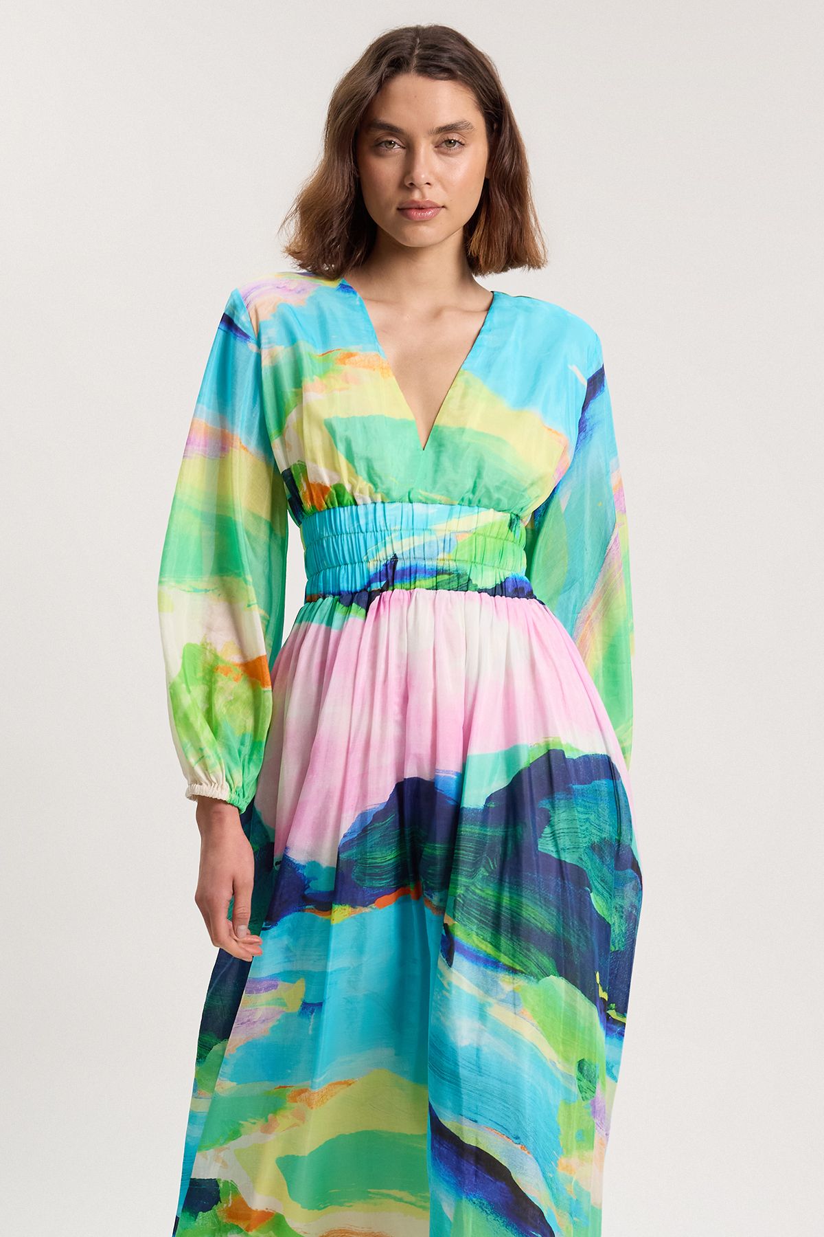 KarenMillen Silk Cotton Scenic Print Balloon Sleeve Woven Maxi Dress