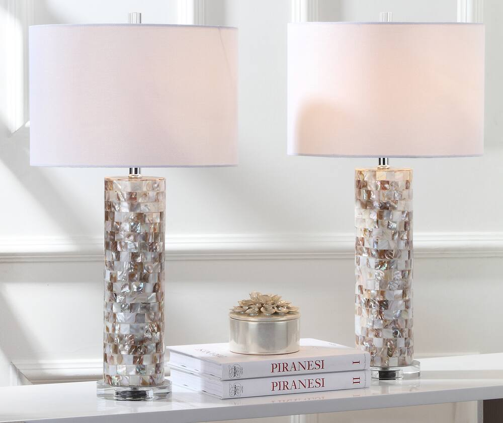 Safavieh Boise Cotton Shade Capiz Shell Tile Table Lamp Set, 27.5-in, Cream, 2-pk